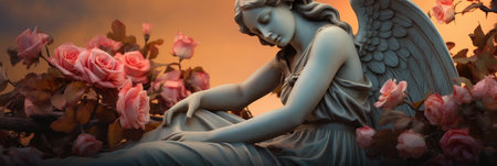 Monument to a mourning angel on a gravestone in a cemetery, bannerの素材