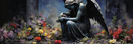 Monument to a mourning angel on a gravestone in a cemetery, bannerの素材