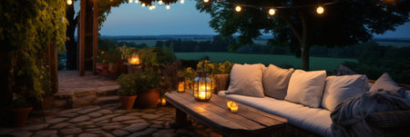 Cozy warm evening after work on your outside terrace overlooking the garden, terrace with a comfortable sofa and lights and table lampsの素材