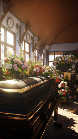 Funeral hall decorated with flowers for meeting relatives and friends near the coffin to pay tribute to the memory of the deceasedの素材