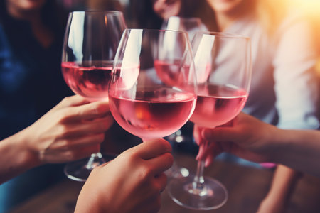 Cheerful friendly party, people celebrating, glasses of wine in hands while toastingの素材