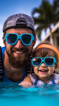 Dad with children in the pool, wonderful summer time with family, active summer holidayの素材