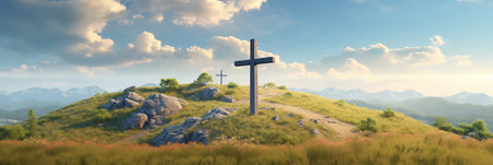 Wooden Christian cross on a hillの素材