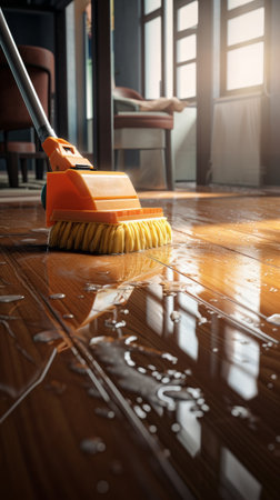 House cleaning, wet floor with spilled water with floor detergent and mechanical brush for washing itの素材