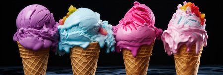 Ice cream scoops with different toppings and flavors on a black background, bannerの素材