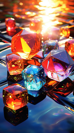 Multi-colored glass polyhedra in the rays of the sun, transparent colored cubesの素材