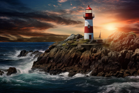 Lighthouse on a rocky shore in the waves of the ocean, tourism and sea travel, vacation on the sea or oceanの素材