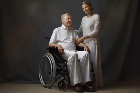The granddaughter and a senior man in a wheelchair takesの素材