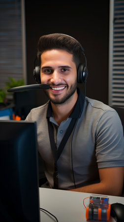 Latina man in a call centerの素材