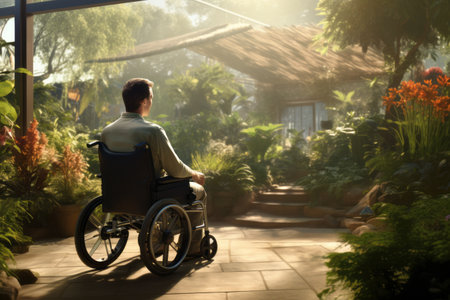 Senior man sitting in a wheelchair in the gardenの素材