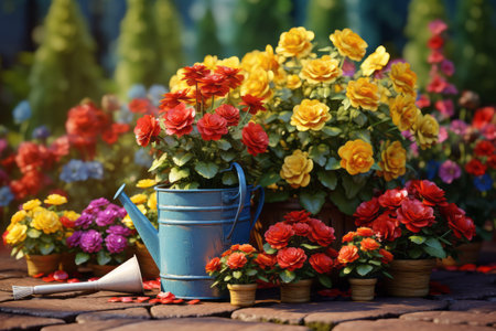 Flowers in pots and a watering can on the patioの素材