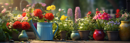 Flowers in pots and a watering can on the patioの素材
