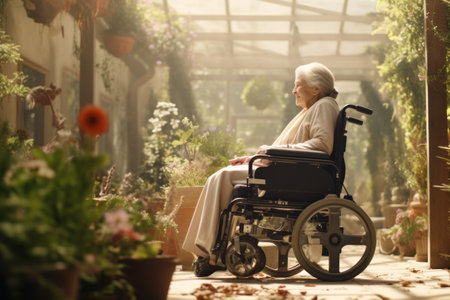 Senior woman sitting in a wheelchair in the gardenの素材
