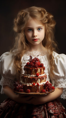 Girl holding a sweet cake in front of herの素材