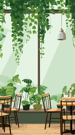 Illustration of a cafe with a living wall of greeneryの素材