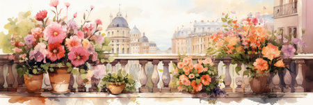Watercolor illustration of summer flowers on balconyの素材