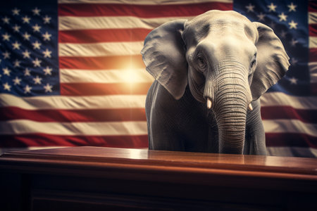 Elephant behind the pulpit against the background of the American flagの素材