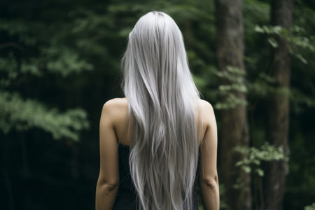 Rear view of a girl with flowing long gray hair, care and hair care conceptの素材