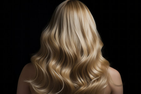 Rear view of a girl with flowing long blonde hair, care and hair care conceptの素材