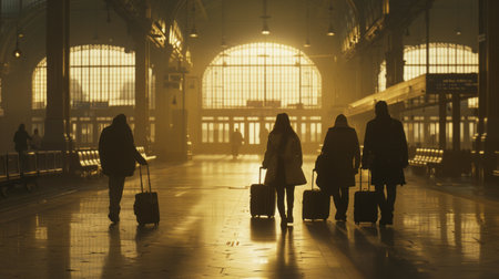 Tourists passengers with suitcases at the train station, back viewの素材