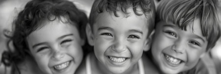 Black and white photo of smiling happy children looking at the camera, happy carefree childhood, bannerの素材