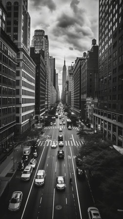 Black and white photo of a street with cars and high-rise buildingsの素材