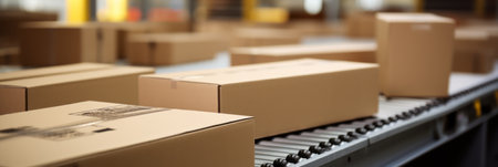Cardboard boxes parcels on a conveyor belt lineの素材