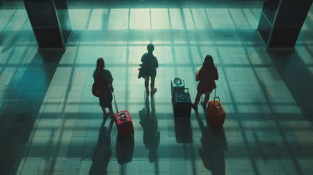 Tourists passengers with suitcases at airportの素材