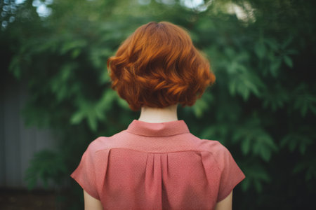 Rear view of a girl with short haircut red hairの素材