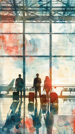 Tourists passengers with suitcases at modern airportの素材