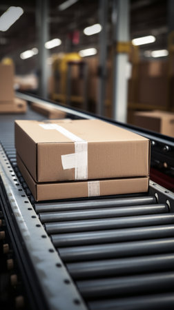 Cardboard boxes parcels on a conveyor belt lineの素材
