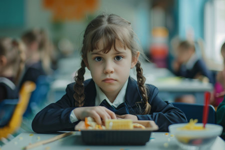 Young girl schoolgirl having lunch in the school canteen, bannerの素材