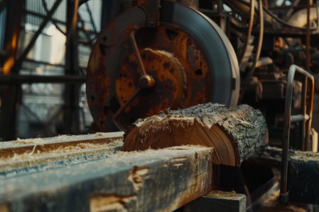 Sawmill with tree cut close-up, timber harvestingの素材