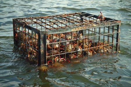 Iron traps with small crabs in the waterの素材