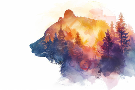Double exposure of the head of a bear and forestの素材