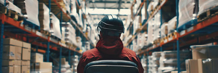 Warehouse worker operates a forkliftの素材
