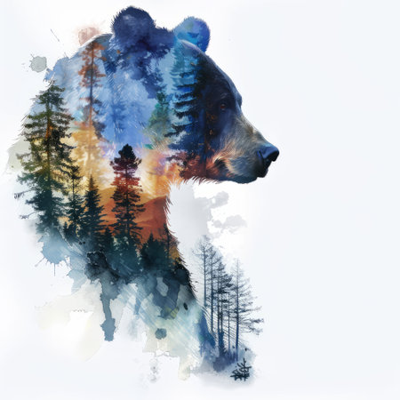 Double exposure of the head of a bear and forestの素材