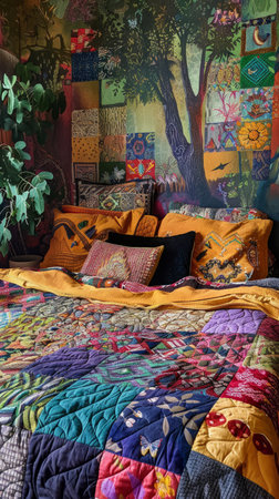 Bedroom with bed with patchwork quiltの素材