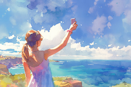 Illustration of a happy young girl taking a selfieの素材