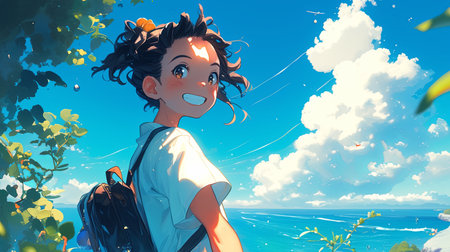 Illustration of a happy Asian girl taking selfieの素材