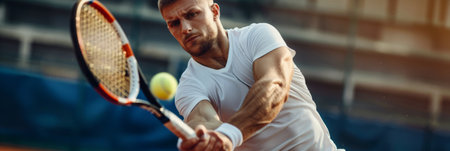 Tennis player hitting a tennis ball with a racketの素材