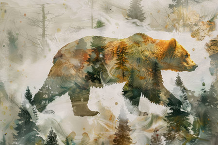 Double exposure of a bear and forestの素材