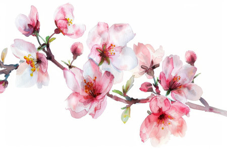 Watercolor illustration of a branch of a blossoming peachの素材