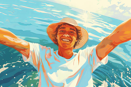 Illustration of a happy young guy taking a selfieの素材