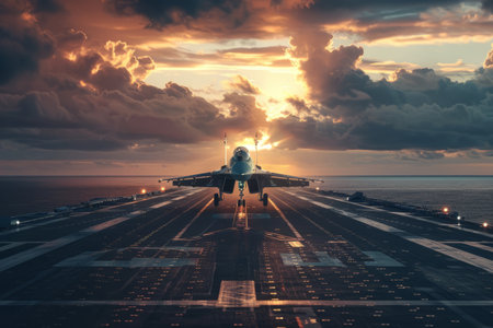 Fighter jet on the runway of an aircraft carrierの素材