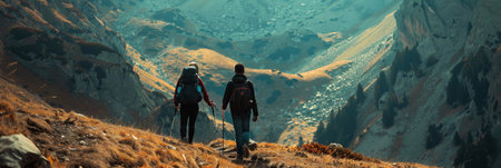 Couple of young people hiking on top of a mountainの素材