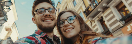 Happy couple taking selfie against the background of a cultural tourist siteの素材