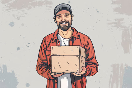 Delivery of goods and parcels, the delivery man holding a parcel boxの素材