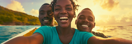 Happy smiling African American young people taking selfie against sea backgroundの素材