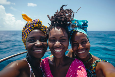 Happy smiling African American young people taking selfie against sea background, beach holiday with friendsの素材